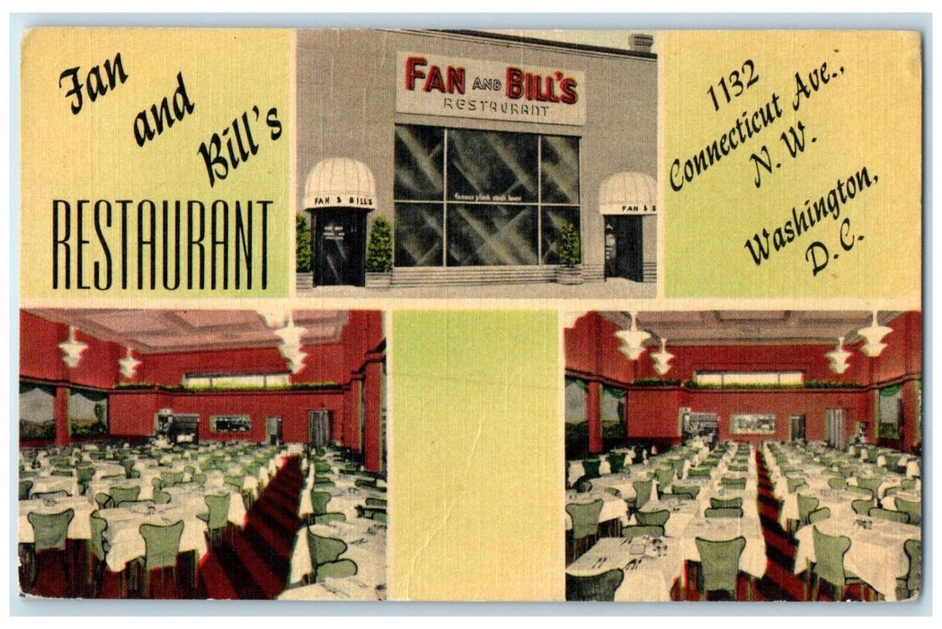 c1940's Fan Bill's Restaurant Connecticut Avenue Washington DC Vintage Postcard