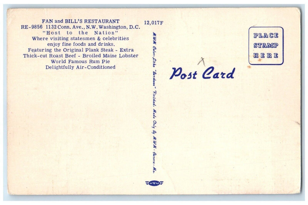 c1940's Fan Bill's Restaurant Connecticut Avenue Washington DC Vintage Postcard
