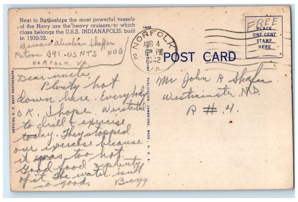 1942 USS Indianapolis Bernard Shaffer Navy Norfolk VA Soldier Mail WW2 Postcard