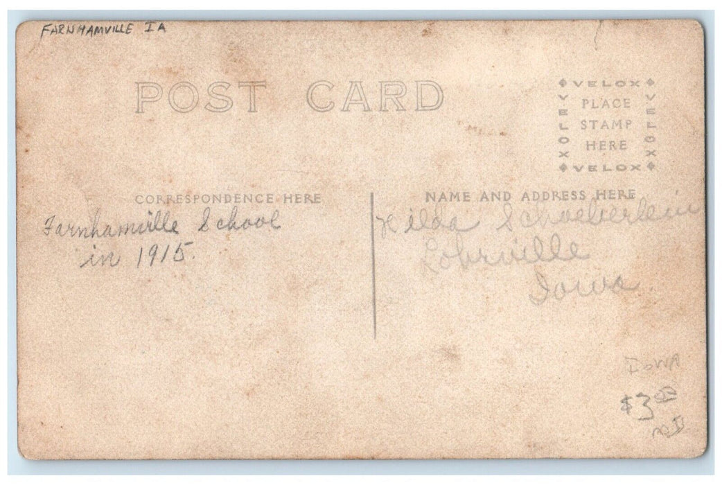 1915 School Children Teacher Students Farnhamville Iowa IA RPPC Photo Postcard