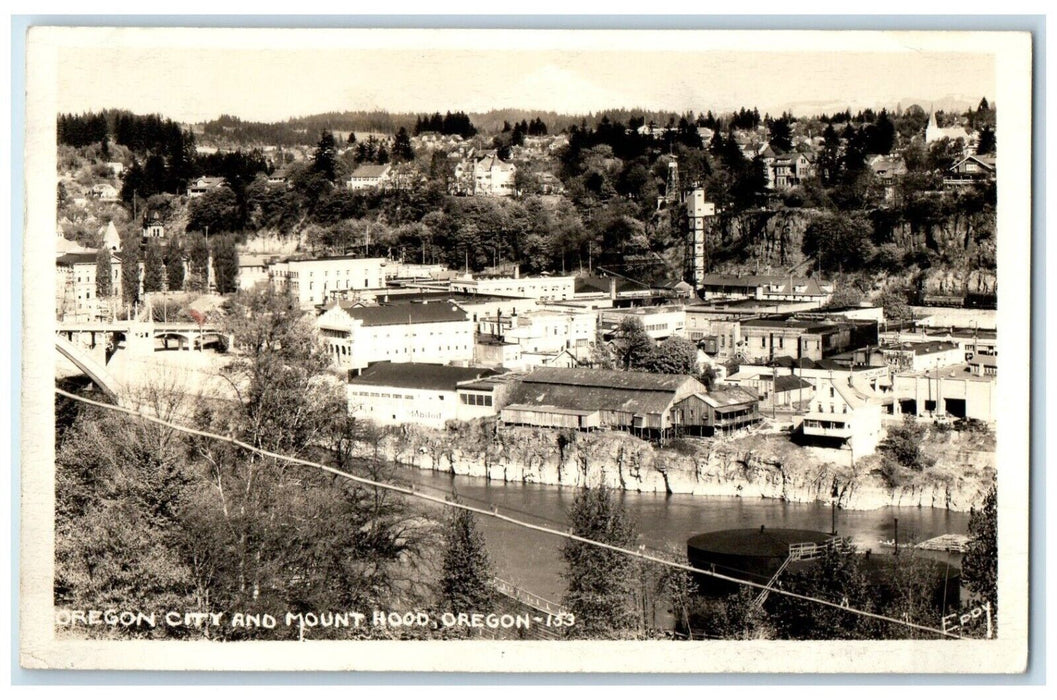 1944 Bird's Eye View Of Oregon City And Mount Hood OR RPPC Photo Posted Postcard