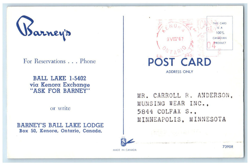 1967 Barney's Ball Lake Lodge Kenora Ontario Canada Yellow Airplane Postcard