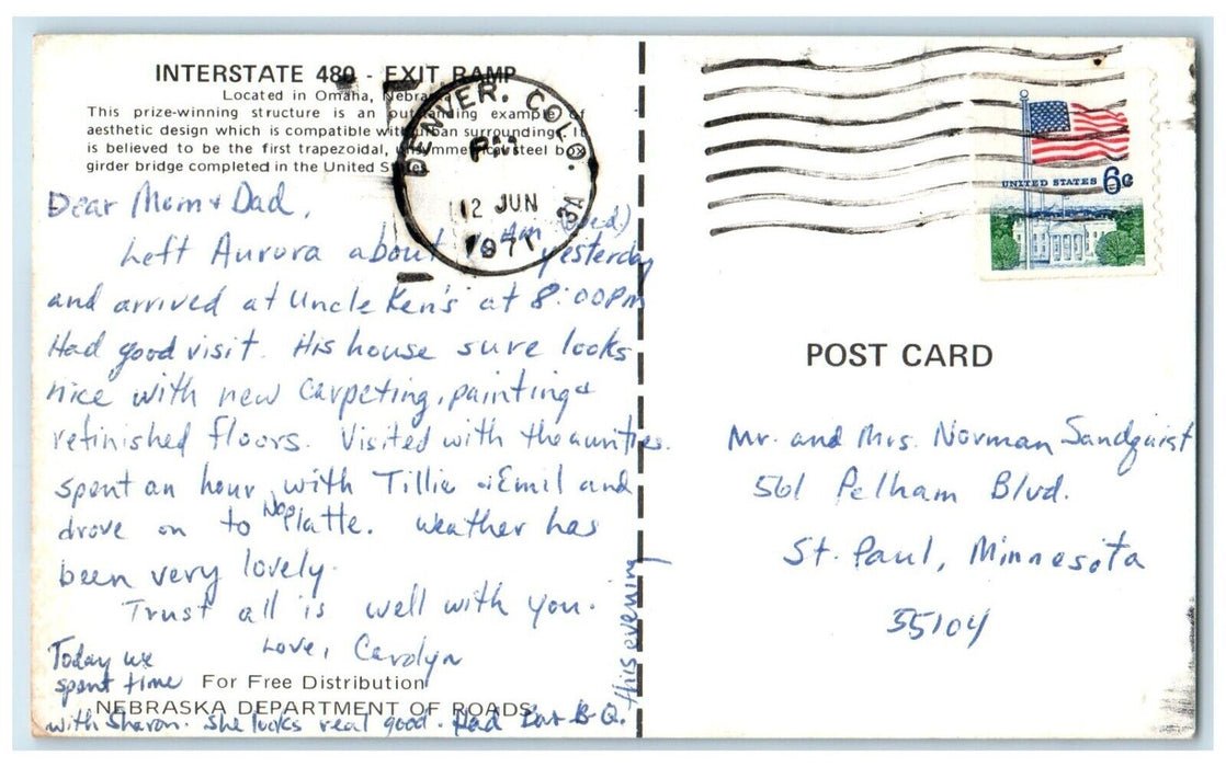 1971 Scene Interstate 480 Exit Ramp Omaha Nebraska NE Vintage Antique Postcard