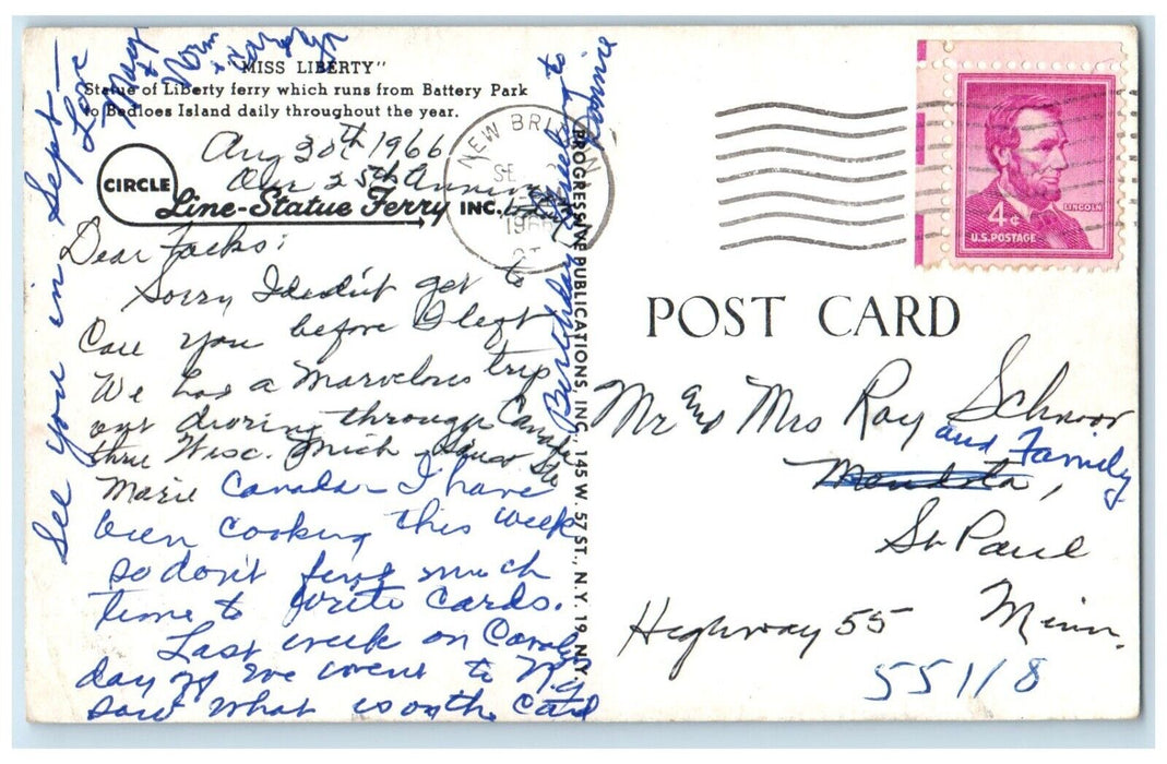 1966 Miss Liberty Line Statue Ferry Inc Battery Park Cruise New York NY Postcard