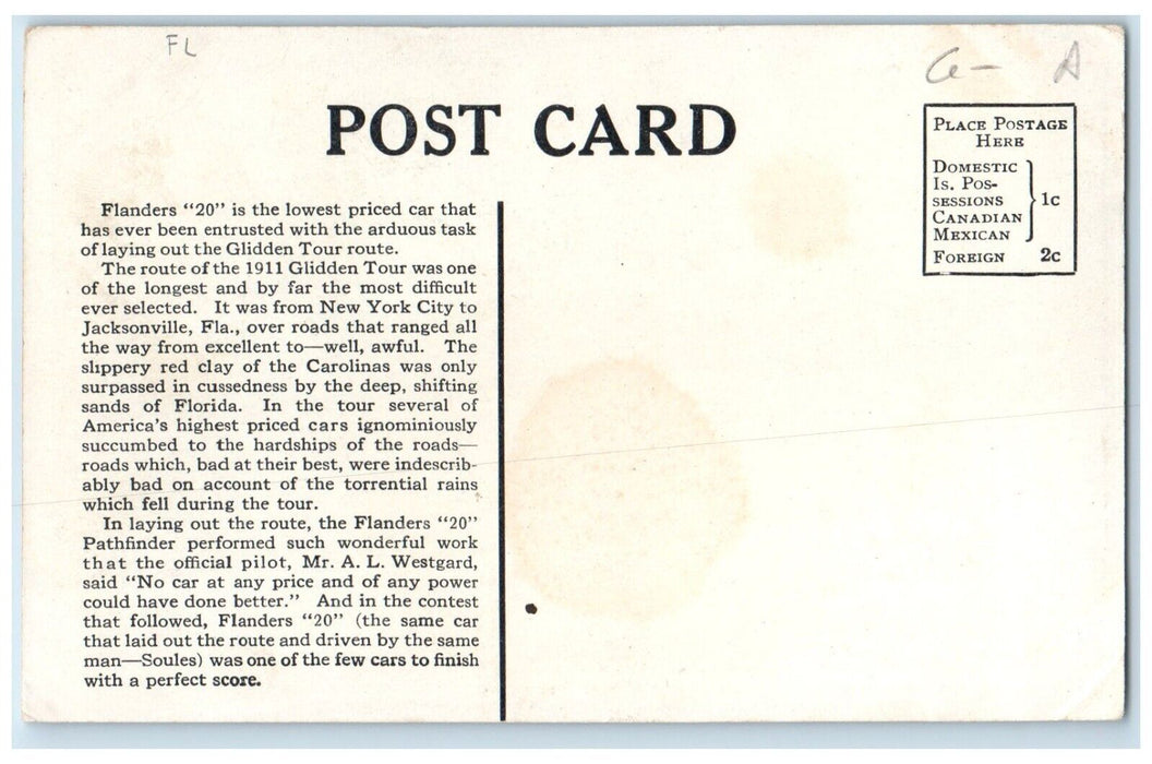 1911 Flanders 20 Glidden Pathfinder Traveled Water Jacksonville Florida Postcard