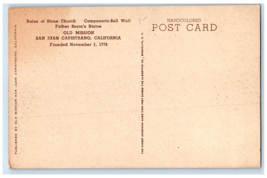 c1940 Ruins Stone Church Campanario Bell San Juan Capistrano California Postcard