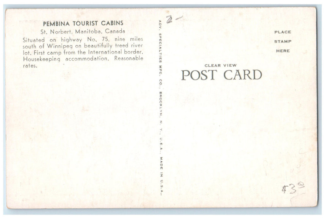 c1930's Pembina Tourist Cabins St. Norbert Manitoba Canada Postcard