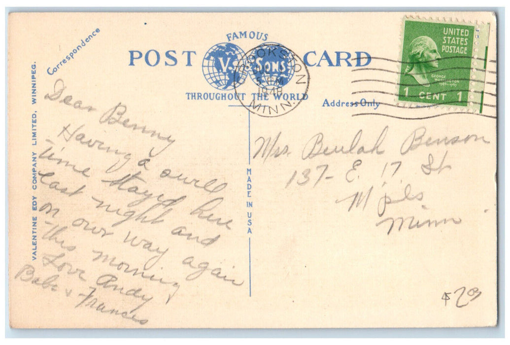 1948 Cental Park Waddell Fountain Knox Church Winnipeg Manitoba Canada Postcard