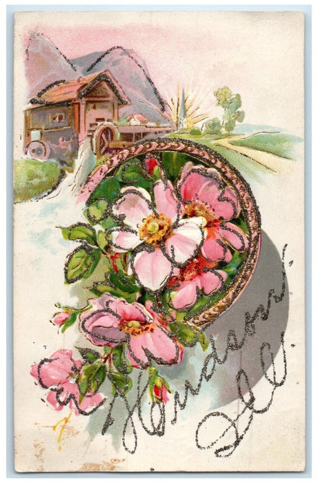 1909 Flowers Leaves Glitter Embossed Hudson Illinois IL Vintage Antique Postcard