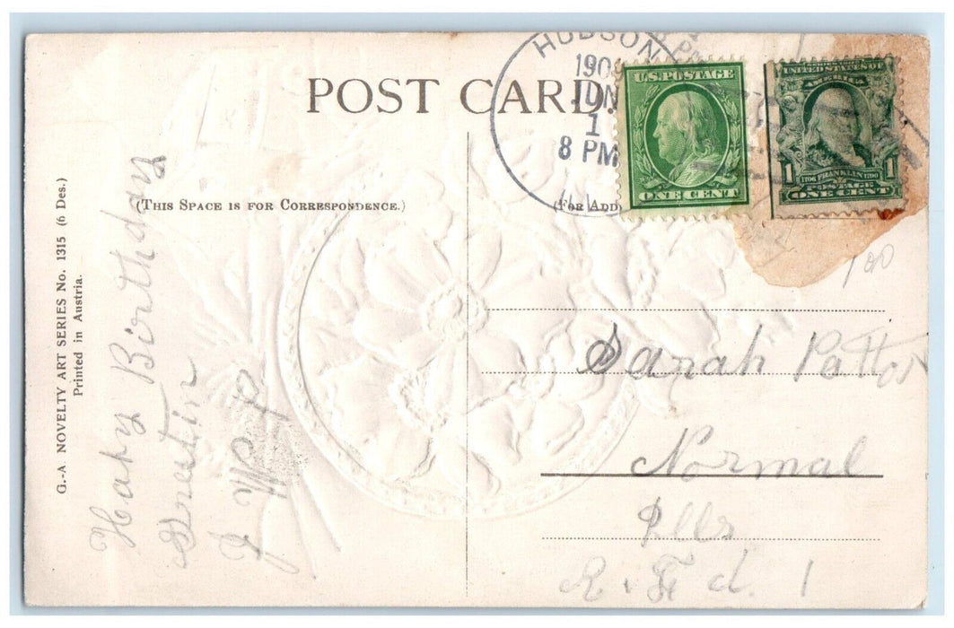 1909 Flowers Leaves Glitter Embossed Hudson Illinois IL Vintage Antique Postcard