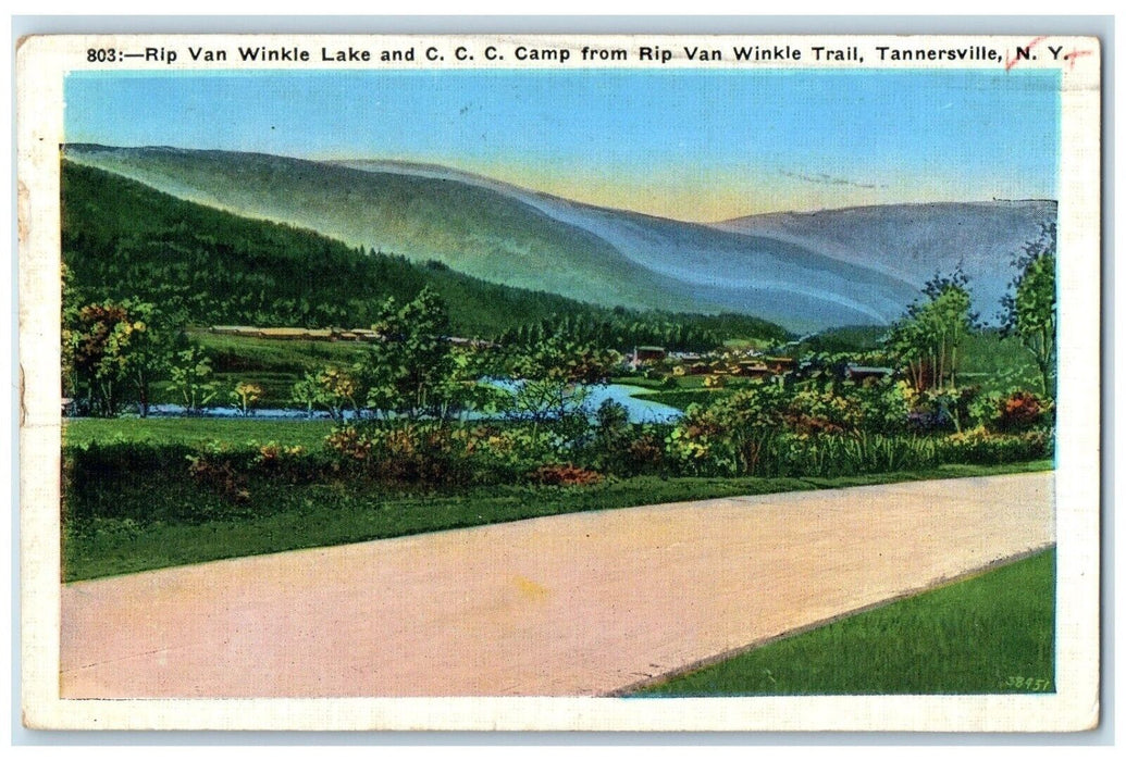 1938 Rip Van Winkle Lake Camp Van Winkle Trail Tannersville New York NY Postcard