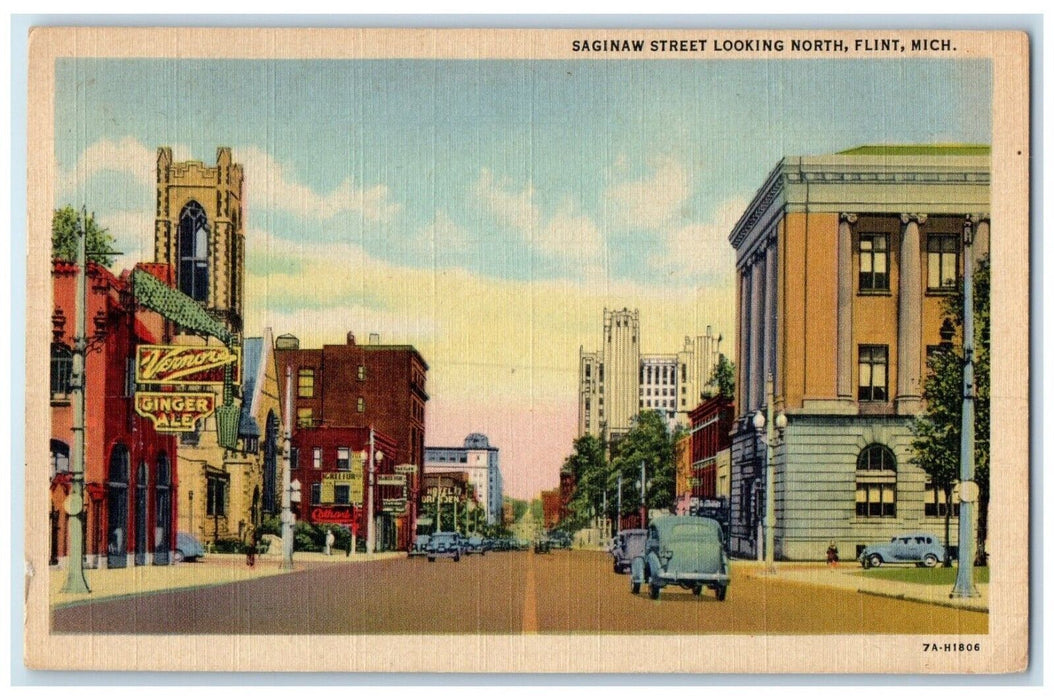 1947 Saginaw Street Looking North Exterior Building Road Flint Michigan Postcard
