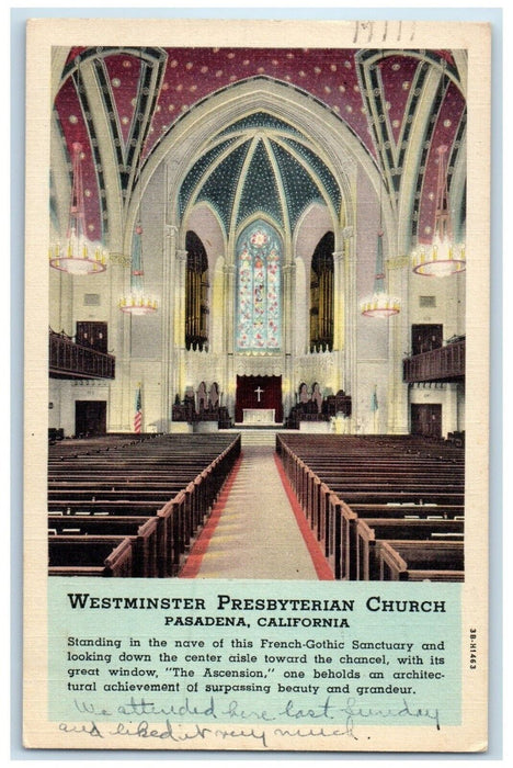 1949 Interior View Westminster Presbyterian Church Pasadena California Postcard