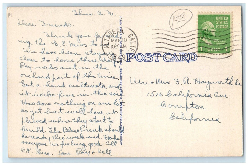 1949 Interior View Westminster Presbyterian Church Pasadena California Postcard