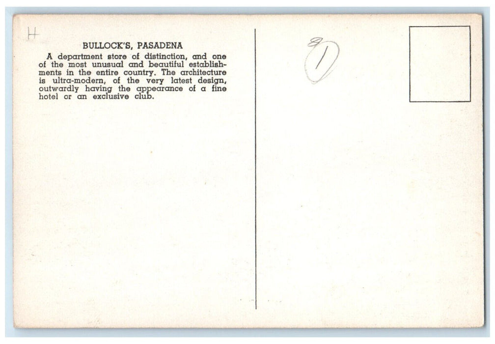 c1910 Department Store Bullocks Pasadena California CA Mitchell Sketch Postcard