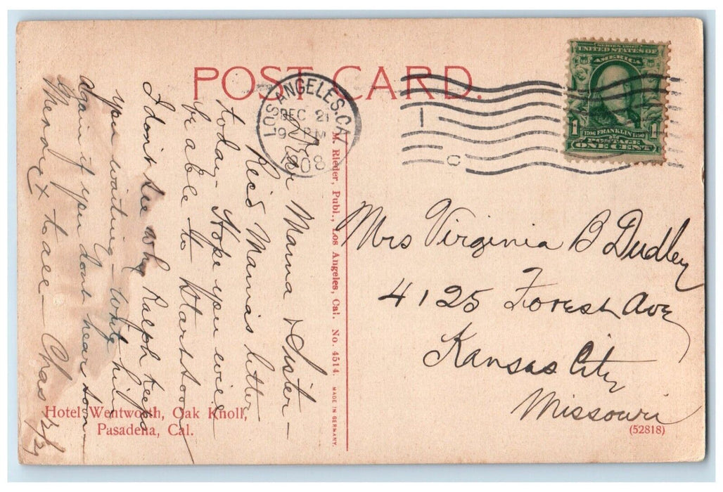 1908 General View Hotel Wentworth Oak Knoll Pasadena California Antique Postcard