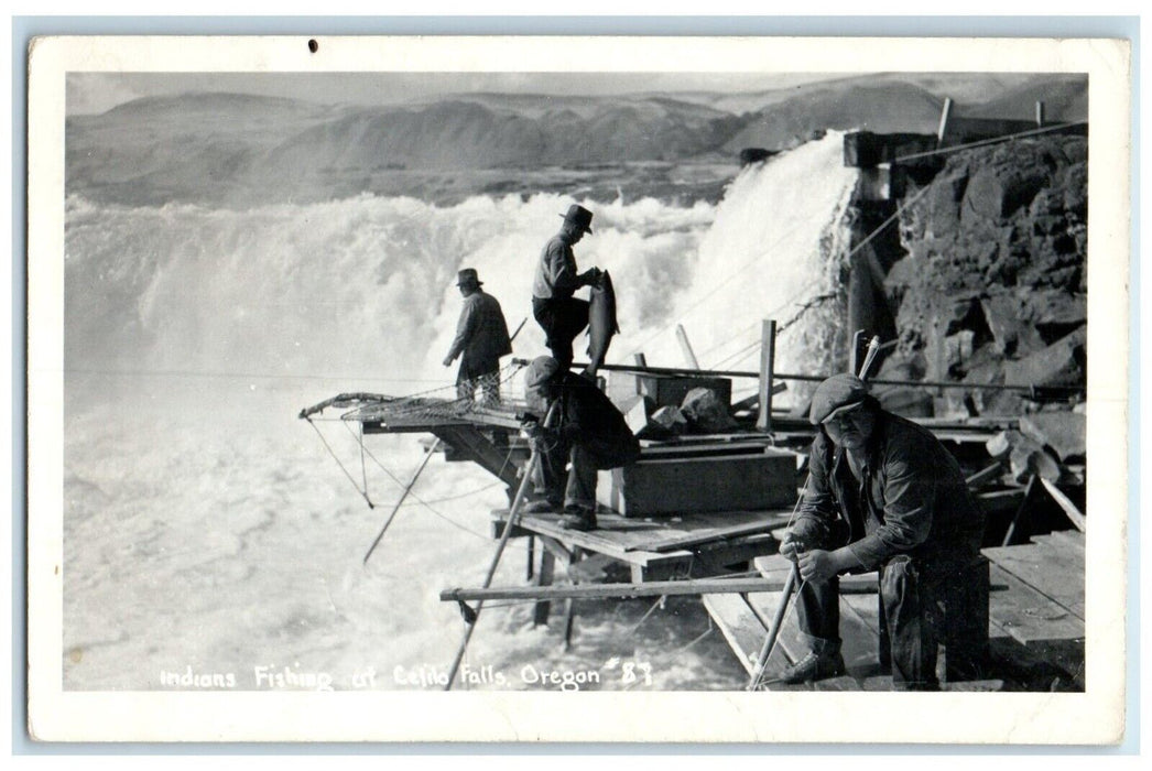 1953 Indians Fishing At Celilo Falls Pendleton Oregon OR RPPC Photo Postcard