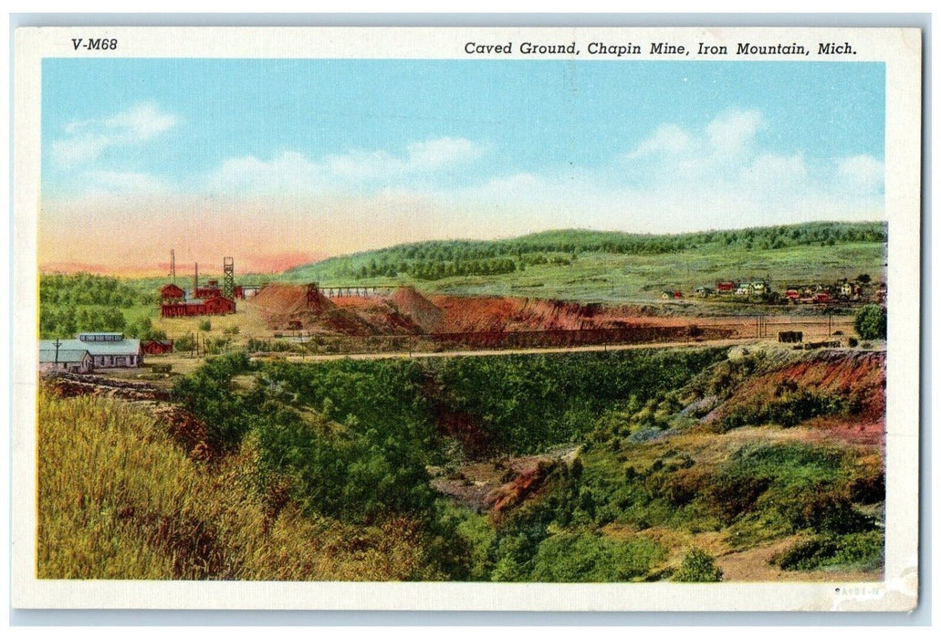 c1940 Caved Ground Chapin Mine Mountain Exterior Iron Mountain Michigan Postcard