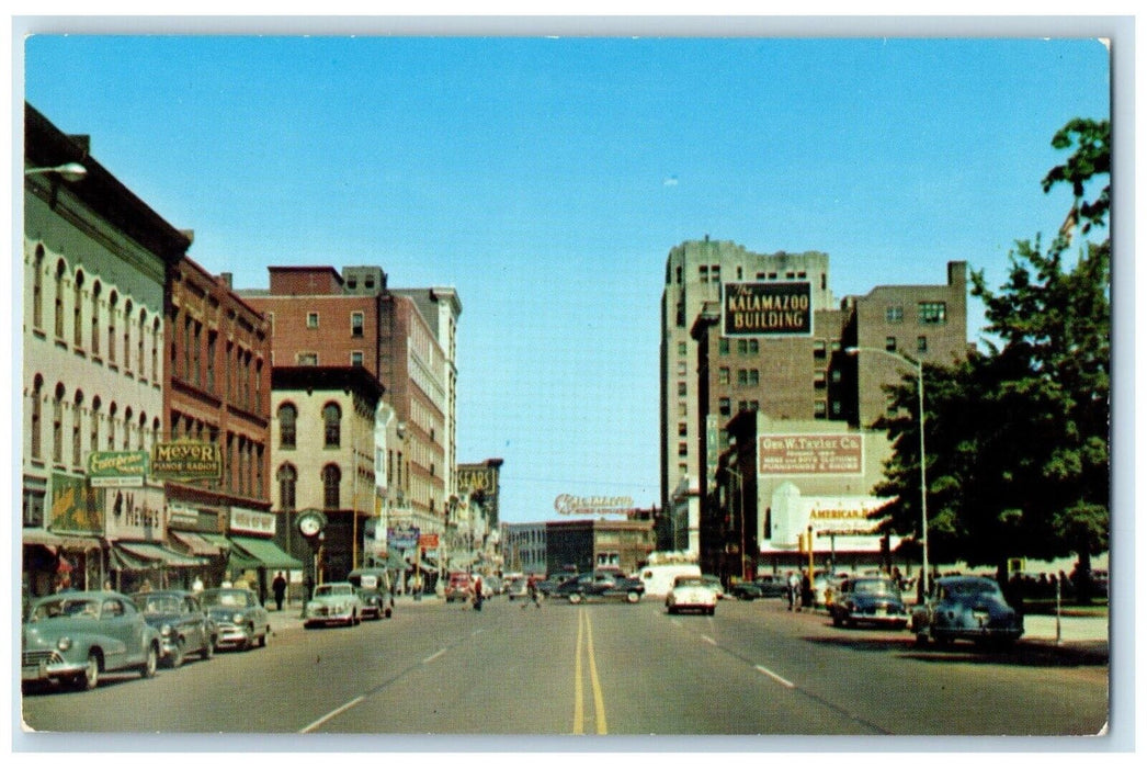 c1960 Michigan Avenue Looking East Exterior Building Kalamazoo Michigan Postcard