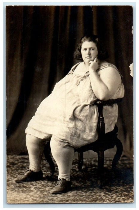 c1918 Fat Woman Freak Show Sideshow Carnival Circus Studio RPPC Photo Postcard