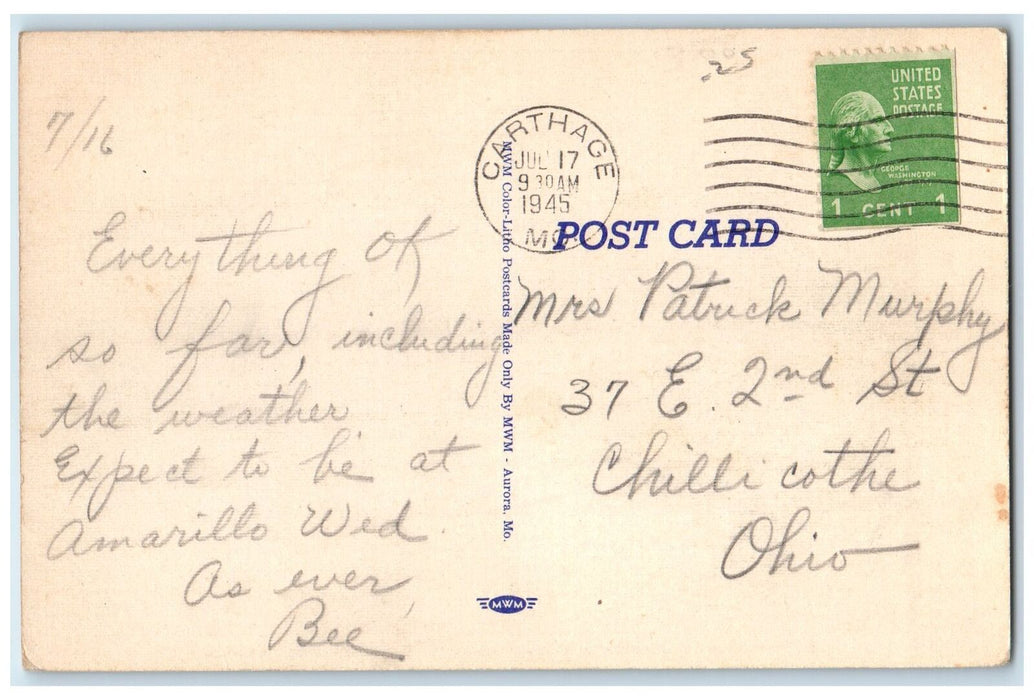 1945 Carthage Missouri Fat Woman Riding Burrow Checklist Correspondence Postcard