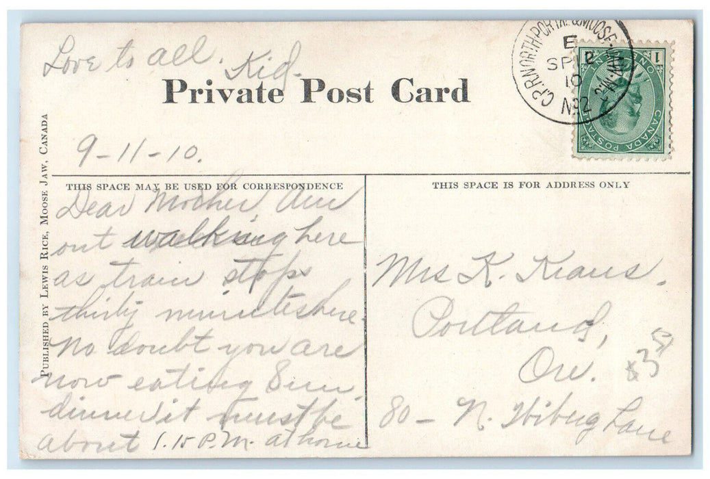 1910 River Street West Moose Jaw Saskatchewn Canada Antique Posted Postcard