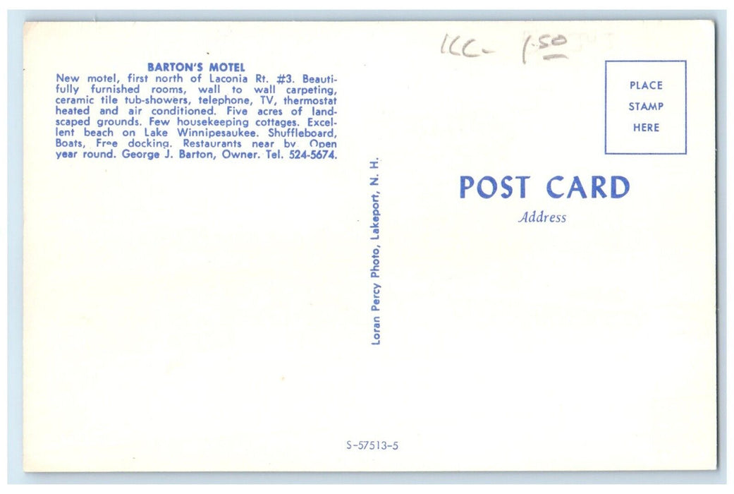 c1960's Barton's Motel Laconia New Hampshire NH Unposted Vintage Postcard