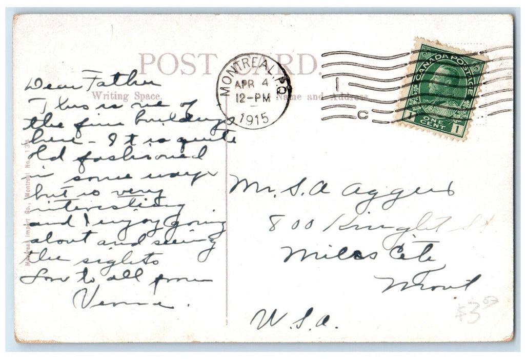 1915 Canadian Bank of Commerce Montreal Quebec Canada Antique Posted Postcard