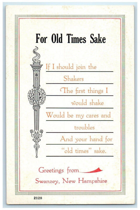 c1910's Greetings From Swanzey New Hampshire NH, For Old Time Sake Postcard