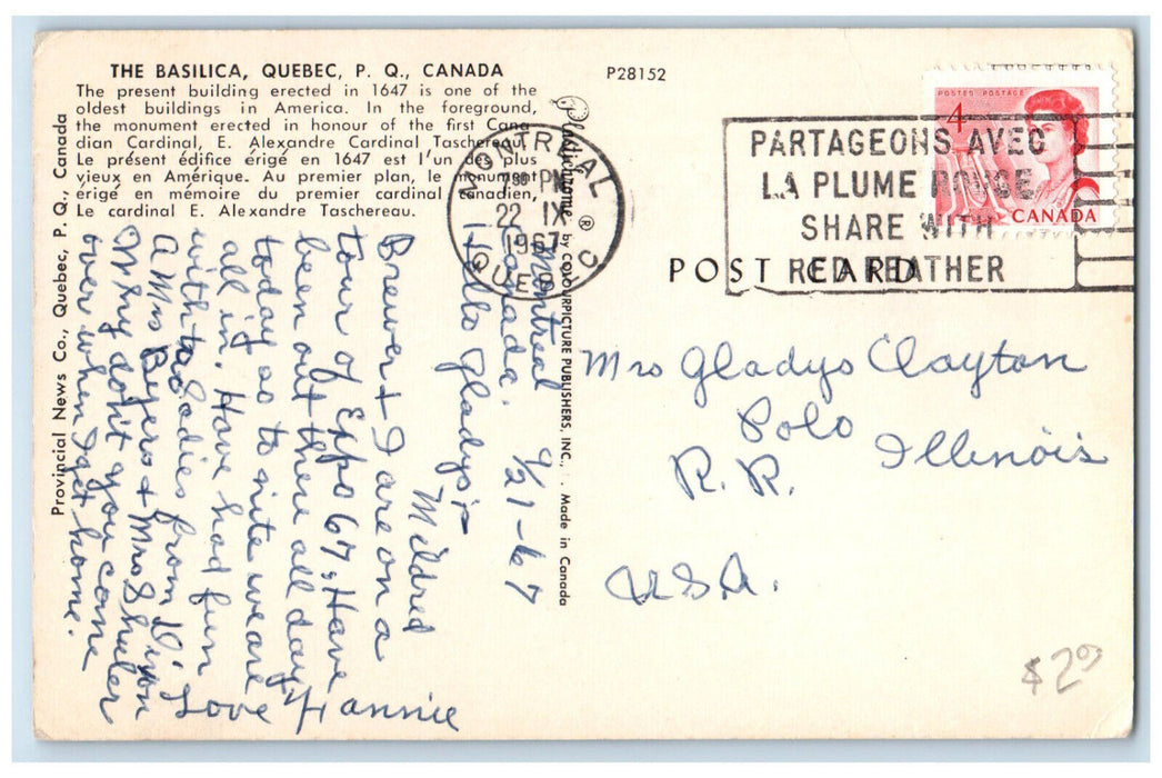 1967 Monument Basilica Quebec City Quebec Canada Vintage Posted Postcard