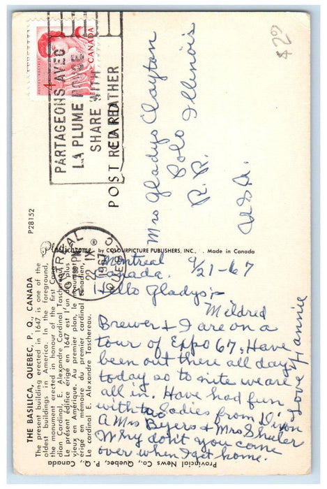 1967 Monument Basilica Quebec City Quebec Canada Vintage Posted Postcard