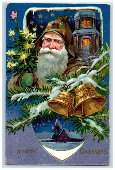 c1910's Christmas Tree Santa Claus Brown Robe Ringing Bells Tuck's Postcard