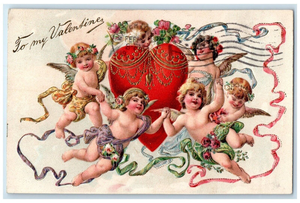 1911 Valentine Angels Playing Big Heart Flowers Clover Embossed Antique Postcard