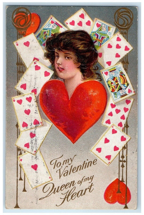 1910 Valentine Pretty Woman Hearts Cards Embossed Quincy Illinois IL Postcard