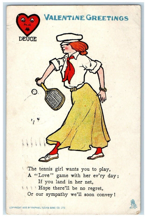 1907 Valentine Greetings Girl Playing Tennis Heart Tuck's Brooklyn NY Postcard