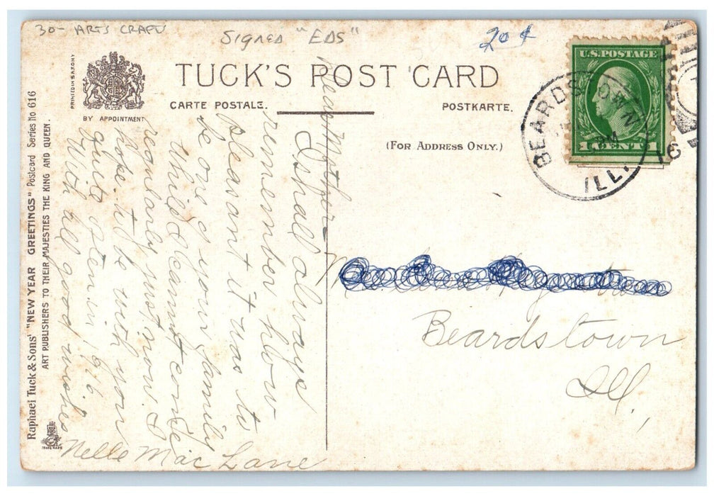 New Year Greetings Arts Crafts Winter Eds Signed Tuck's Beardstown IL Postcard