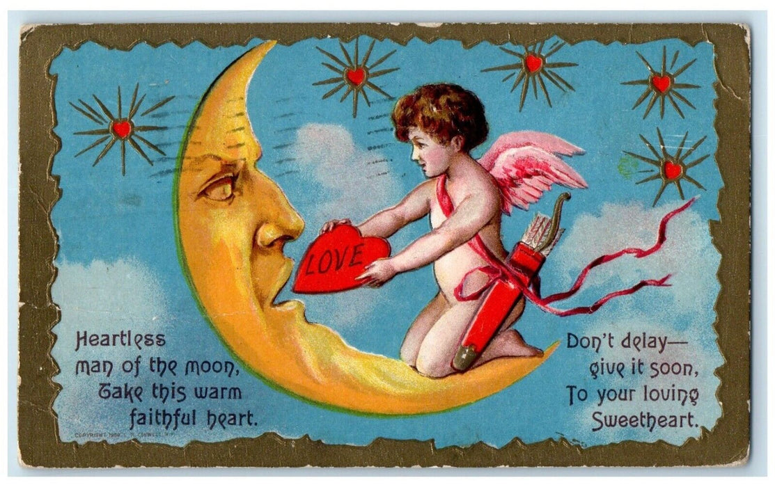 1910 Valentine Angel Feed Anthropomorphic Moon Heart Minneapolis MN Postcard