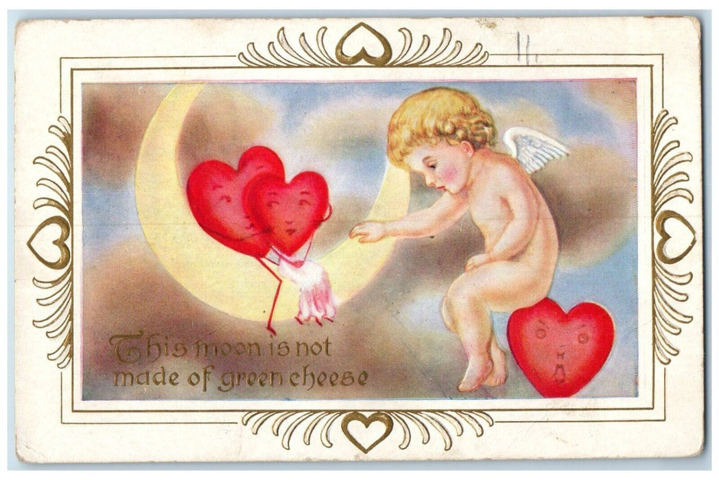 c1910's Valentine Angel Crescent Moon Hearts Embossed Posted Antique Postcard