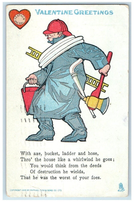 1909 Valentine Greetings Firefighter Los Angeles California CA Tuck's Postcard