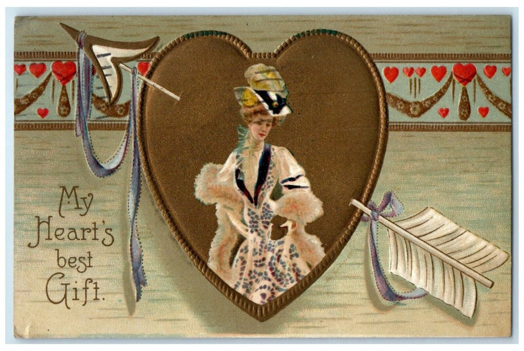 1909 Valentine Pretty Woman Big Heart Arrow Hearts Clapsaddle Embossed Postcard