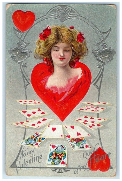 c1910's Valentine Pretty Woman Big Heart Cards Gambling Embossed Posted Postcard