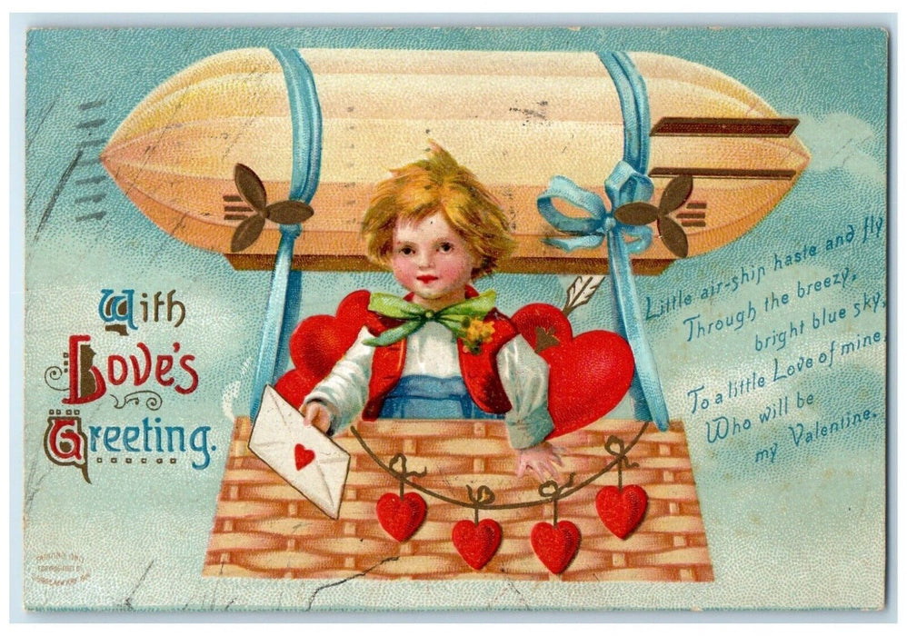 1913 Love's Greetings Boy In Airship Hearts Letter Embossed St. Paul MN Postcard