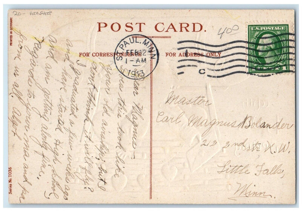 1913 Love's Greetings Boy In Airship Hearts Letter Embossed St. Paul MN Postcard