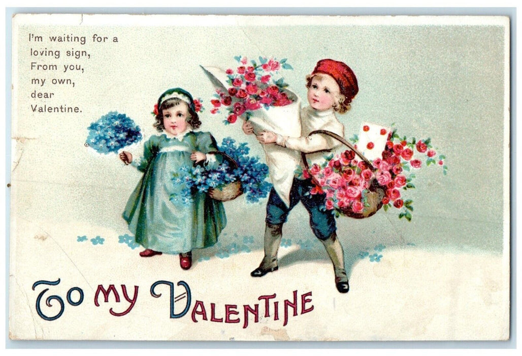 1912 Valentine Children With Flowers Clapsaddle Appleton Wisconsin WI Postcard