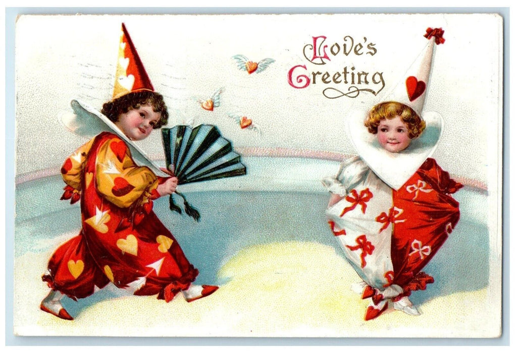 1910 Valentine Boys Jester Clown Costume Clapsaddle Embossed Antique Postcard