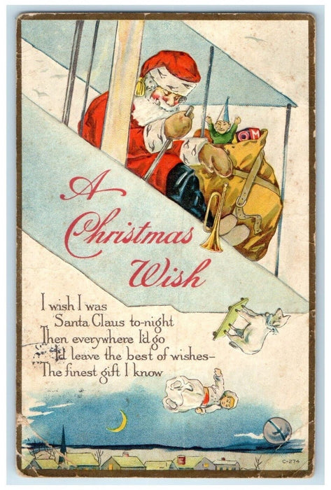 1918 Christmas Greetings Santa Claus Sack Of Toys Embossed Columbus OR Postcard