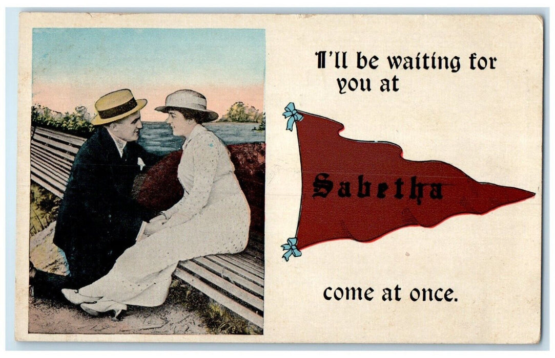 1918 I'll Be Waiting For You Sabetha Come At Once Kansas Lovers Pennant Postcard
