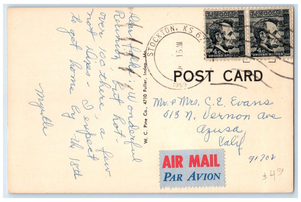 1969 Main Street Stockton Kansas Air Mail Par Avion Vintage Antique KS Postcard