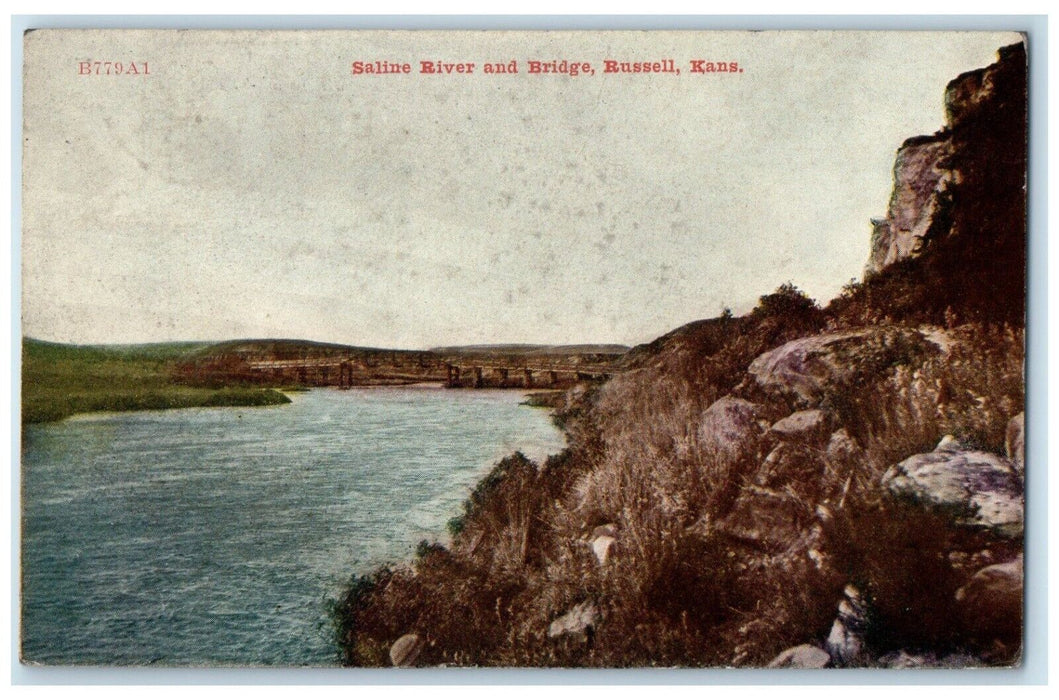 1910 Saline River Bridge River Lake Cliff Rocks Russell Kansas Vintage Postcard