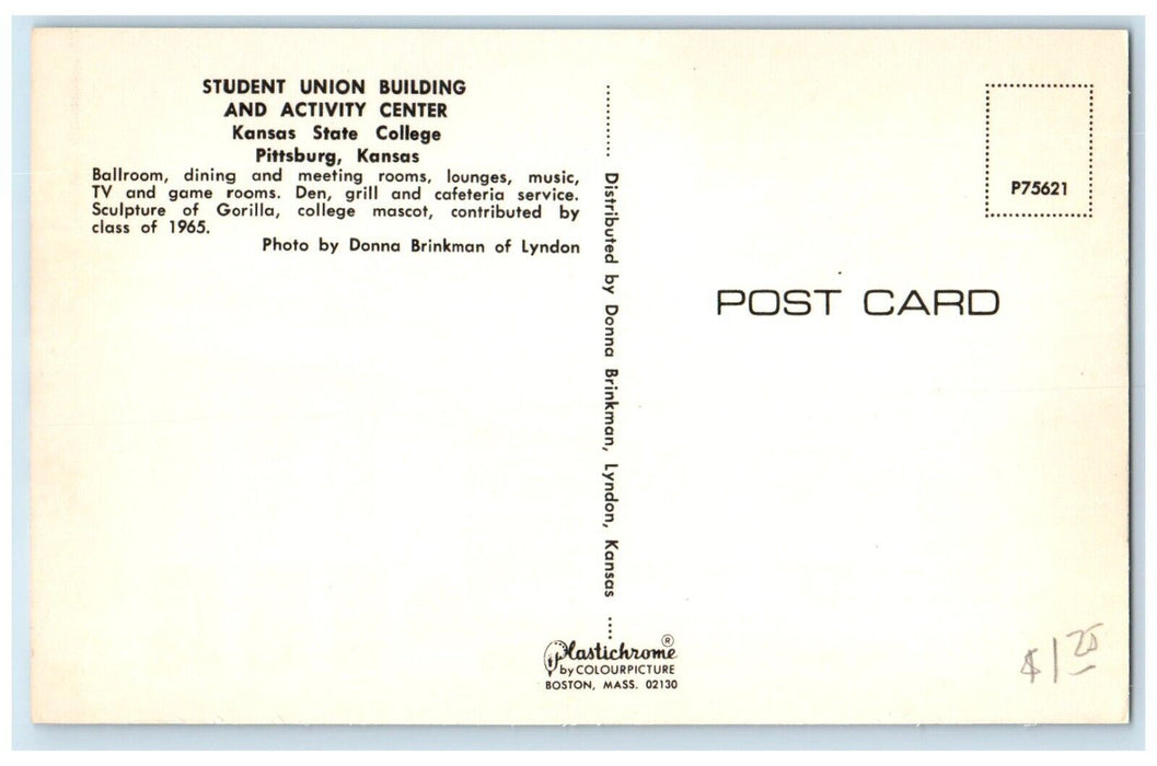 c1960 Student Union  Activity Center State College Pittsburg Kansas KS Postcard